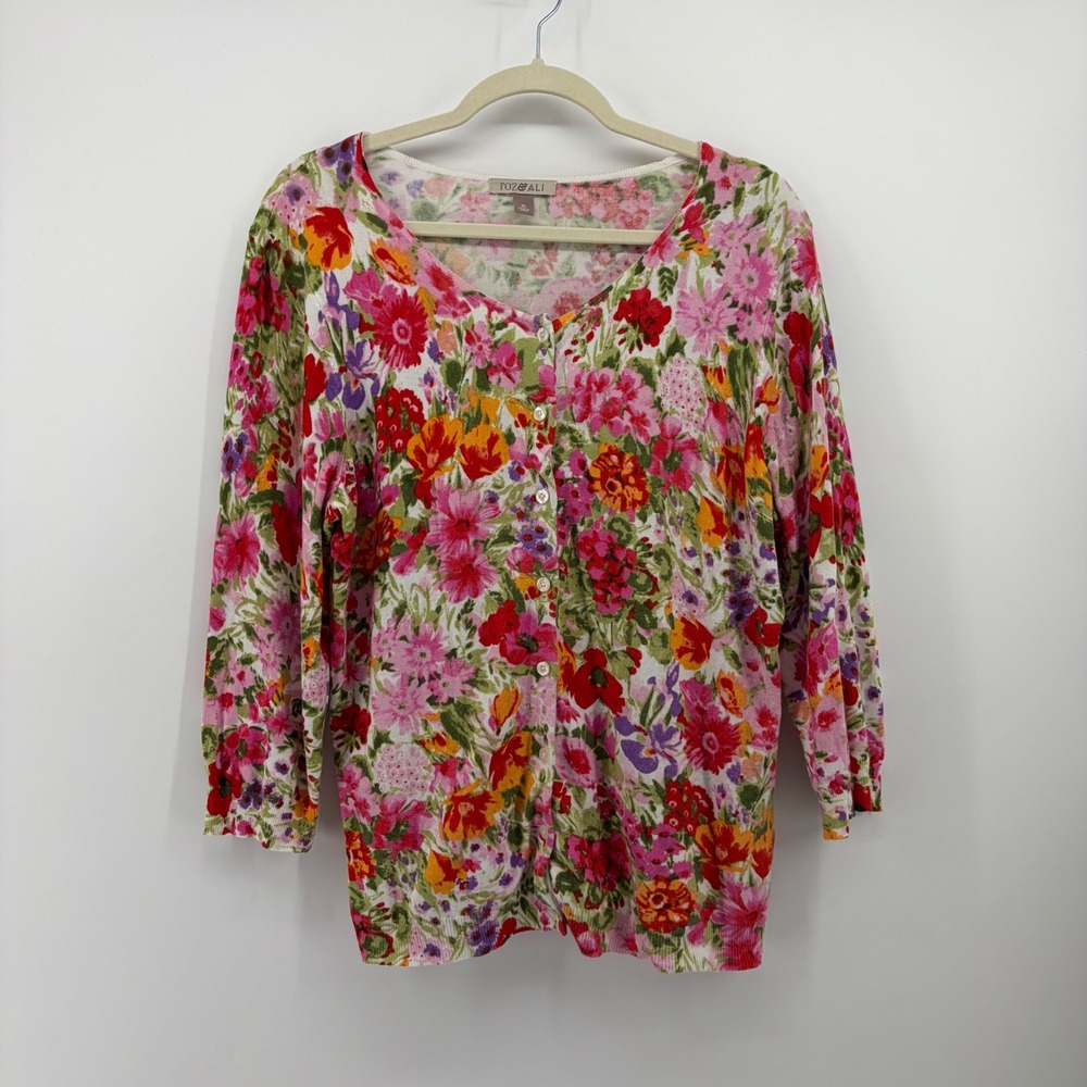 Roz & Ali Womens XL Multicolor Cardigan Floral 3/4 Sleeve Button Front Sweater